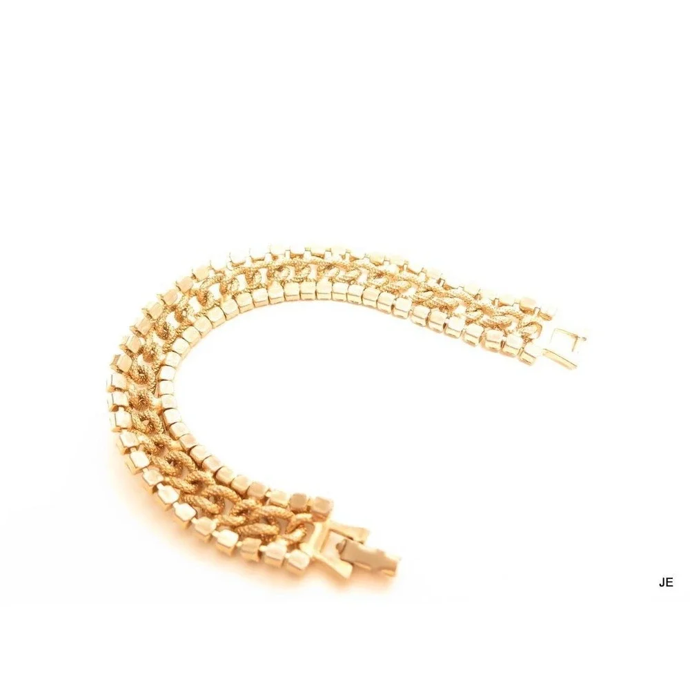 Triple‎ Row Vintage Clear Rhinestone Gold Plated Chain Link Center Bracelet*A717
